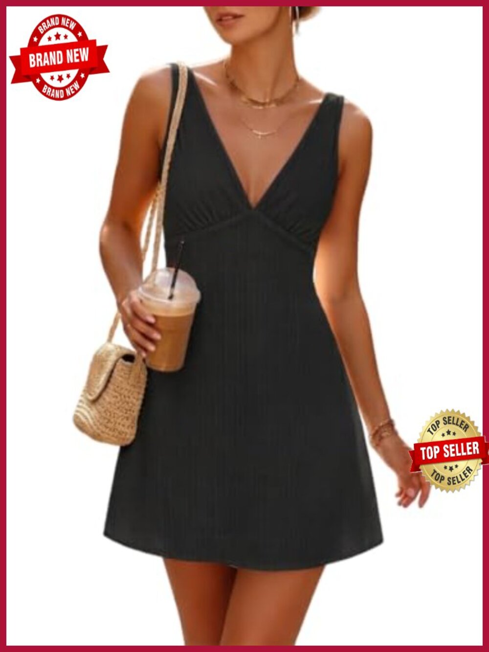 Cotton Mini Dress V Neck Empire Waist A-Line Sundress Sleeveless